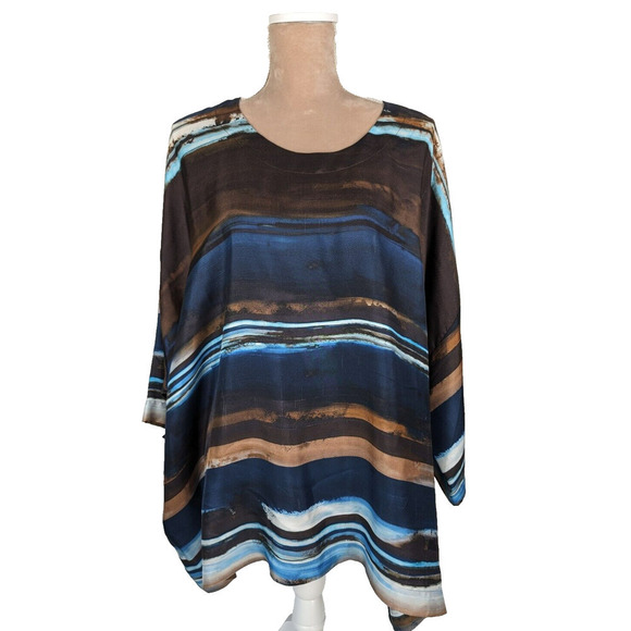 Eskandar Blue Brown Abstract Painted Stripes Bateau Neck Tunic Size 1 US 10/12 - Picture 2 of 16